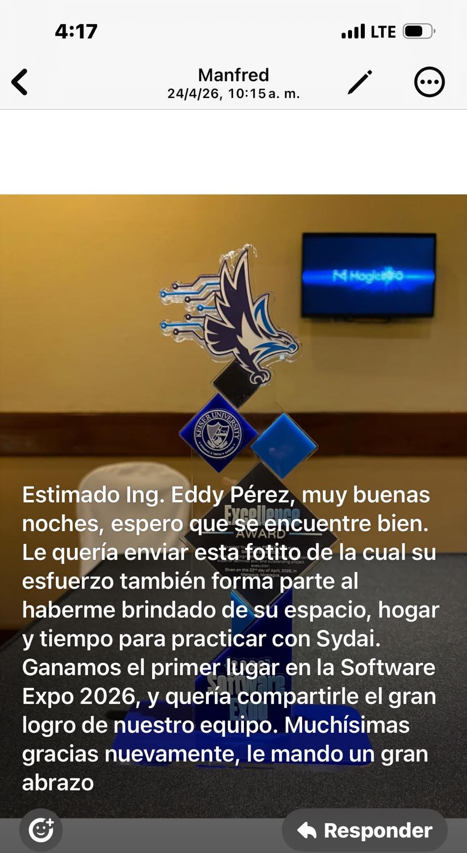 Captura del reconocimiento Excellence Award durante Software Expo 2026
